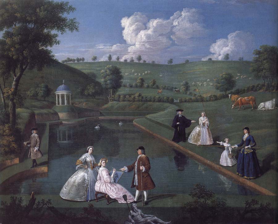 The Brockman Family and Friends at Beachborough Manor the Temple Pond looking towards the Rotunda